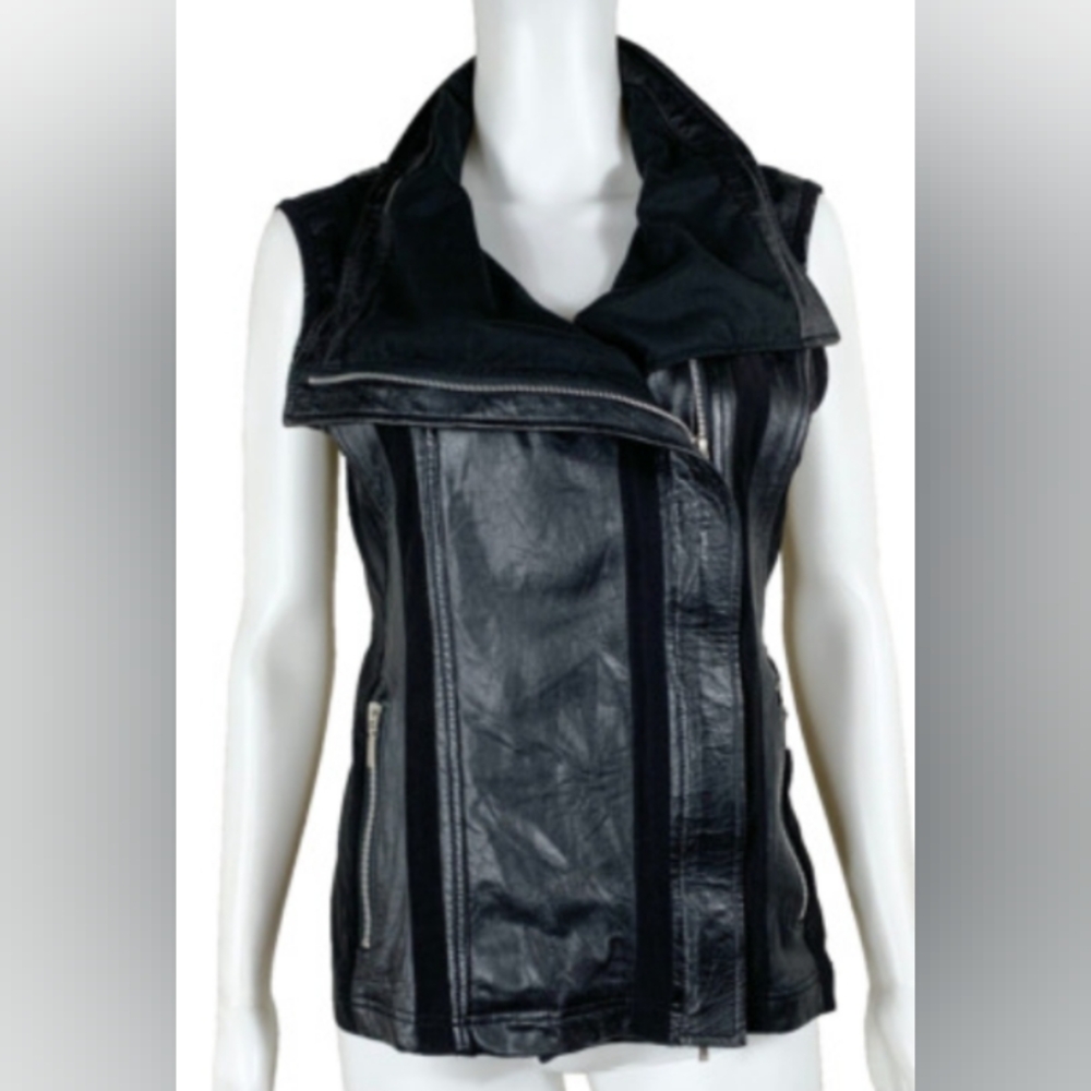 Women's Anatomie $295 Size XS  Leather Vest Stretch Mesh Panels Asymmetrical